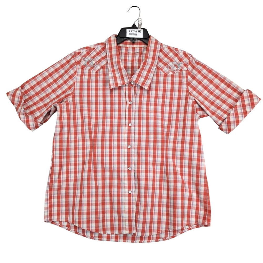 Bit & Bridle Orange Plaid Pearl Snap Blouse Womens L Western Embroidered Cowgirl